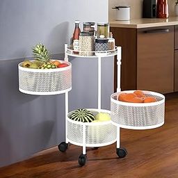 Kuber Industries Metal Round Mesh Multipurpose Rotating 3 Tier Onion Potato Rack for Kitchen | Kitchen Storage Rack for Home | Suitable Vegetable Basket Stand/Aloo Pyaz Trolley with Wheels | White-image-47