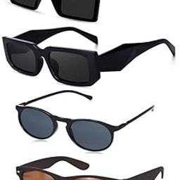 Unisex Combo Offer Pack Of 4 UV400 Protection Stylish Frame Fashion Sunglasses For Men And Women - Black Rectangular Retro Round Brown Combo Pack With Box-13