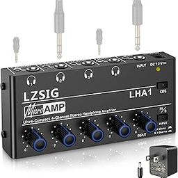 LZSIG Headphone Amplifier 4 Channel Metal Stereo Audio Amplifier,Mini Earphone Splitter with Power Adapter,1/4" & 1/8" TRS Headphones Output and TRS Audio Input,DC 12V-23
