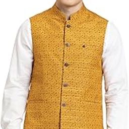 Men Yellow 100% Cotton Dobby Formal Nehru Jacket||Men's Vest-image-57