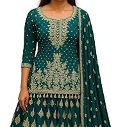 Women's Heavy Embroidered Work Round Neck Chinon Silk Fabric Lehenga Choli with Lace Dupatta Set for Wedding Festival & Traditional Functions-image-54