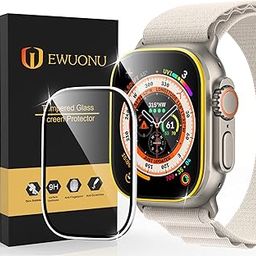 EWUONU [2 Pack for Apple Watch Ultra Screen Protector,49mm Tempered Glass Screen Protector for Apple Ultra Watch 49mm,[Aluminum Alloy] Anti-Scratch HD Clear Bubble Free Yellow/Titanium)-image-11