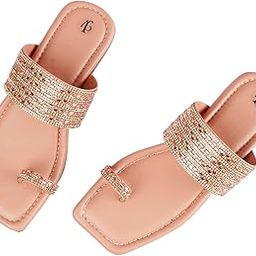 Women's Square Toe Sandals, Rose Gold Rhinestone Band, Pink-image-1