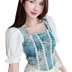 Women French Retro Style Floral Jacquard Square Neck Smock Half Puff Sleeve Ruffled Crop Blouse Corset Top Dn96-33