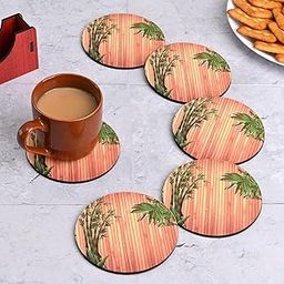 GKD Coaster Set of 6 Natural Wooden Bamboo Tree Style Coasters with Beautiful Coaster Stand Premium Coaster Set Fit for Tea Cups, Coffee Mugs and Glasses (Round 3.5 X 3.5 Inch) (Wood Bamboo)-image-3