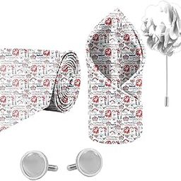 London Printed Tie and Pocket Square Set for Men with Natural Stone Cufflink and Matching Flower Lapel Pin-6