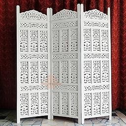 Home & Goods International Wooden Room Divider Partition - Foldable Wood Screen Separator for Living Room, Bedroom, Office, Restaurant || Kangra Badrun Design, White (3 Panel)-image-75
