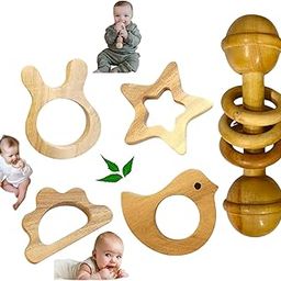 Natural Neem Wood Baby Teething Toys Set, 5 Pieces, Star Bird Cloud and Cat Shapes with Rattle Toys-image-20