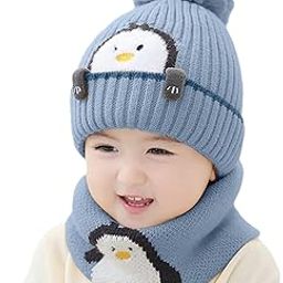 Baby Winter Cap with Scarf Knitted Penguin Design Beanie Hat for 3-10 Years, Stretchable Woolen Neck & Ear Protection-image-39