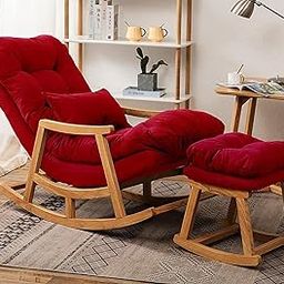 Store Nice Teak Wood Rocking Chair for Living Room, Resting Arm Chair with Ottoman/Footrest for Indoor, Outdoor, Single Seater Sofa with Stool, Rosewood Legs, (Red)-image-78