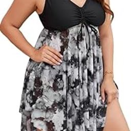 Plus Tie Dye Drawstring Asymmetrical Hem Two Piece Bathing Suit Black - XL - 8XL-image-27