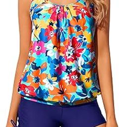 Blouson Women's Tankini Swimsuits 2 Piece Bathing Suits with Shorts Modest Loose Fit, Colourful Flowers, M-image-53