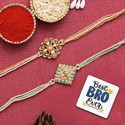 eCraftIndia Set of 2 Peach, Green & Golden Pearls, Designer Rakhis, Best Bro Ever Fridge Magnet with Roli Chawal Pack - Rakhi for Brother, Bhaiya, Bhai-82
