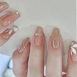 Secret Lives Glossy Reusable Artifical Fake False Press on Nails Nude Brown Color 3D Pearls & White Flower Design 24 Pieces Set with Kit-55