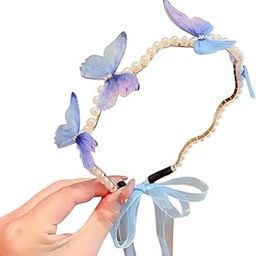 1pc, Sweet Princess Fairy Style Butterfly Headband, Faux Pearl & Ribbon Decor Hair Band For Girls, Casual School Outdoor Party Supplies, Stage Performance Accessories-image-4