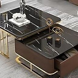 WROUGH IMPEX Marble Look Coffee Table Set of 2, Metal Frame Stackable Sofa Marble Look End Tables with Storage Drawer,Center & Side Table for Living Room, Bedroom, Balcony. (Black/Walnut)-image-1