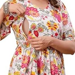 Women's Pure Cotton Printed Both Side Invisible Vertical Zipper Feeding Kurti | All Over Print Maternity Gown Kurta-image-74