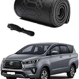 Car Steering Wheel Cover with Needle Thread Leather Sleeve Anti-Slip Breathable Full Black Color Suitable for Toyota Innova Crysta-7