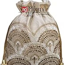 Fancy Potli Bag Golden Embroidery Designer Purse Drawstring Women's handbag with Pearl Handle & Tassel Weddings-13