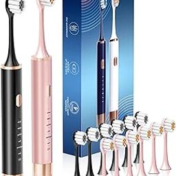 Black & Pink Electric Toothbrush for Adults, 2 Pack Toothbrush，USB Rechargeable Sonic Toothbrush with 12 Brush Heads, Smart Timer, 6 Modes, 2-Hour Fast Charge Last 30 Days-26