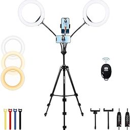 Xeneo 8' Dual Ring Light with Tripod Stand & 2 Phone Holders for Double Brightness, LED Selfie Ring Light with Remote Shutter for Live Stream/YouTube/Video Recording/Makeup/Vlogging, up to 5.9ft Tall-image-62
