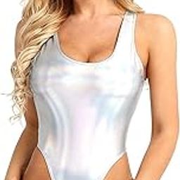 Women's Shiny Metallic Faux Leather Bodysuit Swimsuit Thong Lingerie Set-image-70