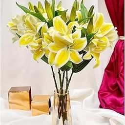SATYAM KRAFT 1 Pcs with (3 Head) Lily Artificial Flowers Sticks for Home Decor, Bedroom, Living Room, Table, Balcony, Office, Wedding, Pooja, Anniversary Decorations – (Yellow) (Without Vase Pot)-25