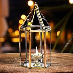DSH Brass Diya for Pooja with Glass Cover Lantern, Decorative Brass & Glass Akhand Deepak Oil Lamp,Tea Light Holder Lantern for Durga Pooja & Diwali (Small)-11
