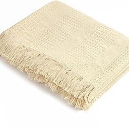 SASHAA WORLD Neutral Cotton Throw for Sofa | Textured Woven Design | Soft, Lightweight & Breathable | Beige Fringed Couch Cover | 100% Cotton Bedcover, 200x200 cm-image-15