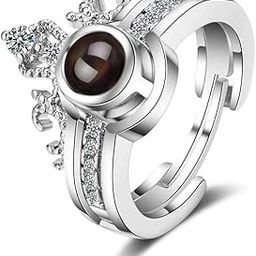 Jewellery Stylish Solitaire American Diamond Silver Plated I Love You Ring 100 Languages Lovers Crown Adjustable Valentine, Engagement Rings for Women and Men (FR-M674)-image-35