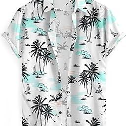 Men's Hawaiian Shirt, Short Sleeve, Palm Tree and Sailboat Print, White and Mint Green-image-6