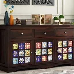 AMAZART FURNITURE Sheesham Wood Sideboard Cabinet for Living Room | Wooden Crockery Cabinet with 3 Door & 3 Drawers | Kitchen Display Unit | Side Board Console Cabinets | Tiles Design, Walnut-30