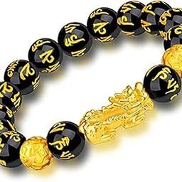 Feng Shui Black Obsidian Pixiu Bracelet – Dragon & Gold-Plated Pi Yao Design with Om Mani Padme Hum, Brings Wealth, Prosperity & Luck, Perfect for Men & Women-33