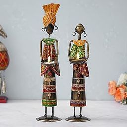 SIA SPACE SHOPPING Tribal King Queen Pair Tealight Candle Holder Beautiful Handmade Wrought Iron Decorative Showpiece for Home or Office Set of 2 (16 x 5 x 3.5).-image-24