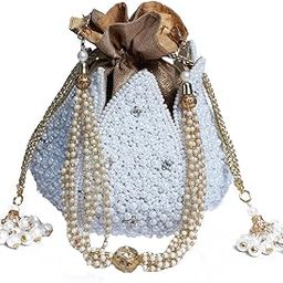 Women's Pearl White Lotus Potli Bag | Raw Silk | Best for gifting on and Christmas | Bridal Ethnic Potli Bag for party wedding special occasions 55 Inch-image-85