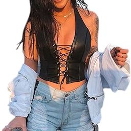 Sexy Corset Tops for Women Adjustable Spaghetti Straps PU Leather Bustier Crop Top Rave Outfit Party Club Night Black-image-45