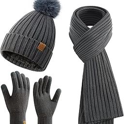 Womens Winter Beanie Hat Gloves Set Long Scarf Touchscreen Gloves Set with Fleece Lined Warm Knit Beanie Cap-image-48