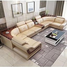 Leatherette Sofa Set/ 2+1+1+1+2 7 Seater/U Shape Sactional Sofa Set/Without Centre Table For Your Living Room/Office/Dining Room/Hall 18 Months Warranty, 5- to 6-Person Sofa, Beige-image-84
