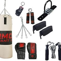 IWIN RMOUR 9 Piece Combo Unfilled Heavy Canvas Punch Bag, Punching Bag with Hanging Chain, Boxing Gloves, Ceiling Hook, Hand Wraps, Skipping Rope, Boxing Chain Keyring & Hand Gripper (Size 4 Ft)-image-85