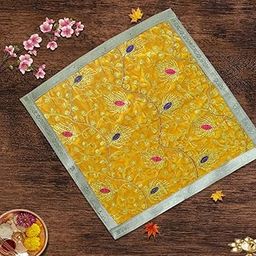 Pooja Aasan for God Idol/Chowki/Altar Cloth for Puja Mandir and Temple Home Décor,Slab, Table Décor (60 * 60 cm) Yellow-2