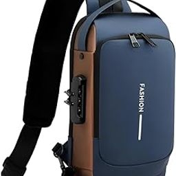 Blue -Gold Sling Bag for Men & Women | Crossbody, Chest & Shoulder Travel Bag | Waterproof Polyester with Dual Zipper, USB Charging Port & Password Lock | Document carry & Hand Bag-image-80