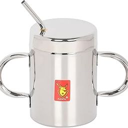 HOPE KART Stainless Steel Straw Glass with Lid Mug for Kids Baby Sipper Coffee Milk Tumbler with Straw, Silver, Pack of 1 (Straw Glass with Lid and Handle)-picture-2