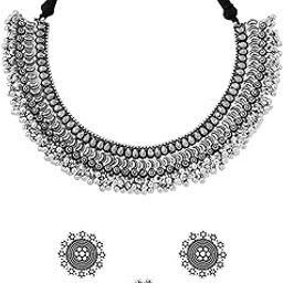 Classic German Silver Oxidised Crafted Traditional Choker Necklace Set With Earring Jewellery Set Jewellery Set for Women (Osidized Silver) (YCTJNS-32OXDCHK-SL)-image-32