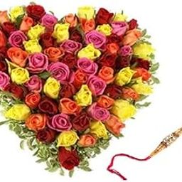 Floral Fantasy® Original Real Fresh Flower Bouquet For Rakhi Gift (50 Mix Roses Heart Shape with one Rakhi and 2 layer Lucky Bamboo Plant)-image-11