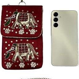 Traditional Handcrafted Maroon Embroidered Mobile Sling Pouch with Golden Elephant Motif, Beaded Floral Design, Wrist Loop and Detachable Golden Chain – Ethnic Phone Purse for Women and Girls-image-2