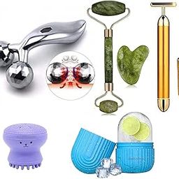 RUDRESHWAR Face Massager Jade Roller & Gua Sha Tool 100% Natural Stone, 3D Manual Body Massager, T Shape Gold Energy Beauty Bar Vibration Facial Massager. Ice Roller Face Massager, Octopus Brush-29