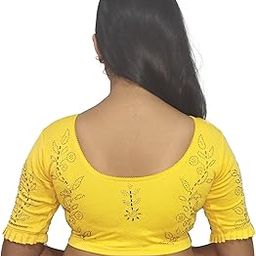 Latest Stylish Swarovski Work Readymade Saree Blouse for Women Golden Stone Work on Stretchable Lycra Round Neck Half Sleeves with Frill Design 2024-picture-17