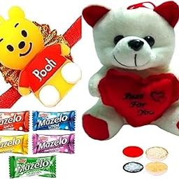Pooh Rakhi for Kids, Cute Teddy Bear, Parle Mazelo Fruit Candy Sweet - 5, Tikka & Roli Chandan Chawal Mishri Pack for Bhai Bhaiya Brother Gift-image-77