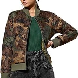Olive Camouflage Print Front Zipper Quilted Puffer Jacket-image-65
