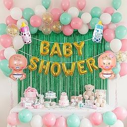 KIDZILO 121 Pcs Baby Shower Decoration Kit | Chrome, Confetti, Pastel & Metallic Balloons, Foil Banner, Curtains, Arch, Glue Dot | Boy & Girl Godh Bharai Celebration (Set 02)-image-95